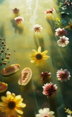 Reflection of flowers  with melon and daisies.