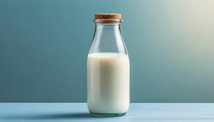 Glass bottle of milk on top of blue counter. Tasty and healthy beverage. Fresh drink.