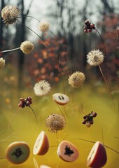 Autumnal background with dandelions and apples in the air.