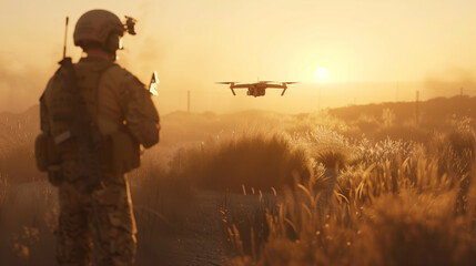 A man in a military uniform controls a military drone over a field at sunset. A scout soldier uses modern technology in combat