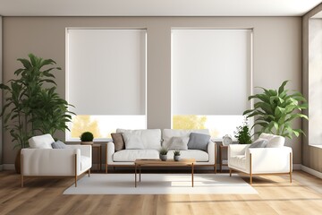 Modern interior with white sofa, plant and window. 3d render