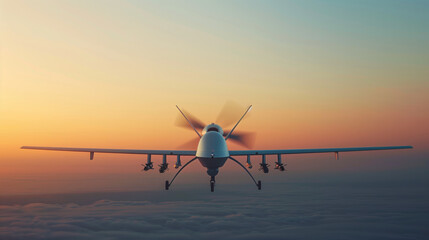 A small military combat UAV is flying through the sky above the clouds. Beautiful sunset
