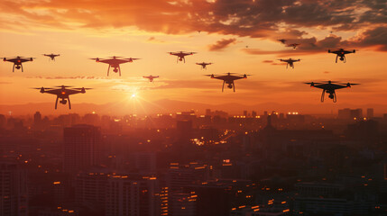 A city skyline with a large number of drones flying over it. The drones are flying in different directions and at different heights.