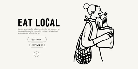 Woman walk form local market and eat apple vector illustration. Sustainable lifestyle. Support local farmers banner, flyer, web landing page, poster or placard in trendy charcoal simple line style.