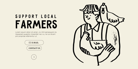 Farmer feeding chicken concept. Young man hold chickens or hen. Countryside and agriculture, farmer eco products. Minimal simple line contemporary vector illustration. Eat local concept.