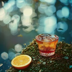 Cocktail with ice and lemon on green moss with bokeh background. Old fashion.