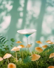 Mushroom cocktail in glass on green moss background with copy space.