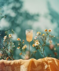 Cocktail in a glass on a background of wildflowers.