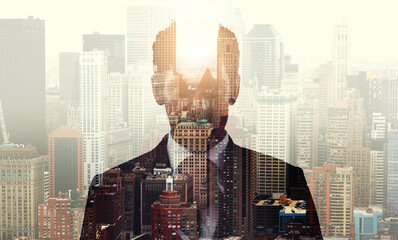 Double exposure, broker and portrait with corporate, city and architecture for finance. New York...