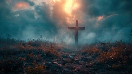 holy cross symbolizing the death and resurrection of jesus christ with the sky over golgotha hill is shrouded in light and cloudsimage illustration - obrazy, fototapety, plakaty