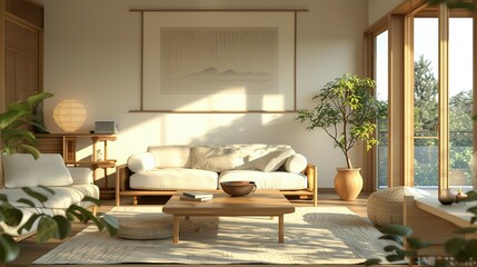 A Japandi-styled living room accentuates simplicity, natural components, and minimalistic design within its interior.