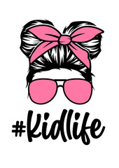 Kid Life | Messy Bun Hair | Kid Hairstyle | Pink Glasses| #Kidlife | Hair style | Bandana | Original Illustration | Vector and Clipart | Cutfifle and Stencil
