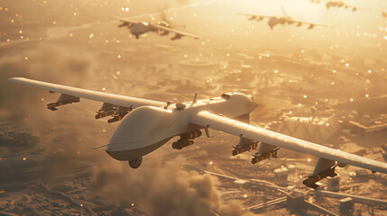 A military scene with white multiple military combat drones flying through the air over enemy territory. The ruined city is below - obrazy, fototapety, plakaty