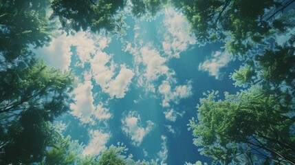 Fototapeta na wymiar Carbon Neutrality Concept: Sky & Trees from Below hyper realistic 