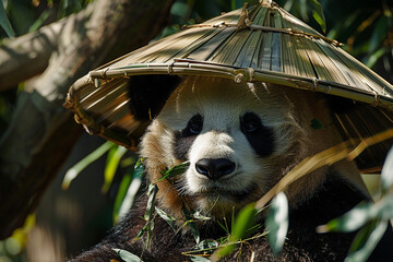 Giant panda wearing a bamboo hat resting in a tree eating bamboo shoots