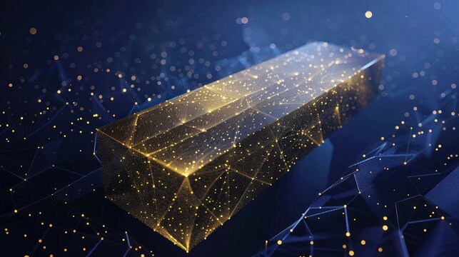 Abstract image of a fine gold bar consisting of points, lines, and shapes and broken a part triangle. Polygonal wireframe mesh on night sky with dots and stars. AI generated