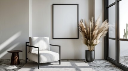 Sophisticated and minimalistic interior with elegant armchair and pampas grass decoration