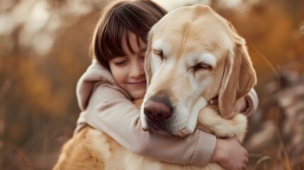 A Heartwarming Embrace A Child s Gentle Hug with a Gentle Giant Therapy Dog in a Soft Blurred Autumn Setting
