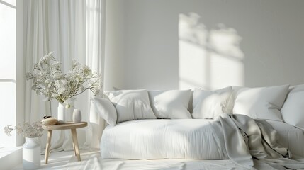 Elegant and serene all-white living space with textured walls and natural light for a calm ambiance
