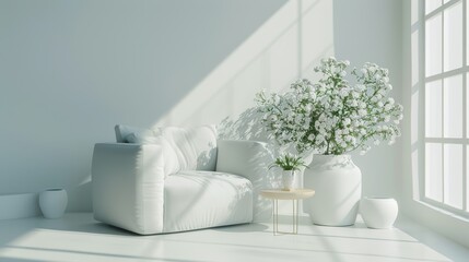 Zen-like living room interior with white bouquet and shadows playing on a modern armchair