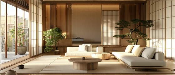 Fototapeta na wymiar A Japandi-styled living room accentuates simplicity, natural components, and minimalistic design within its interior.