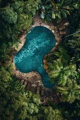 Vertical Drone view of a swimming pool in the jungle, aerial view from a drone above a swimming pool.