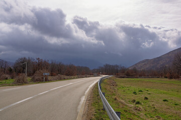 Road trip through the Balkans. Spring mountain landscape. Dinaric Alps, Bosnia and Herzegovina, Republika Srpska