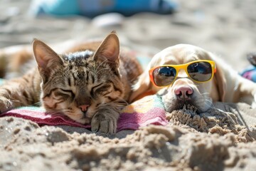 Naklejka premium Cat and dog with sunglasses relaxing on beach towel