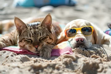 Schilderijen op glas Cat and dog with sunglasses relaxing on beach towel © Photocreo Bednarek