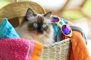 Ragdoll cat with beach towels and sunglasses indoors