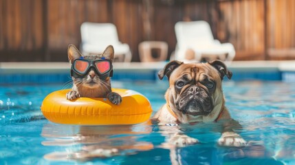 Snorkeling cat and eager dog by poolside on sunny day