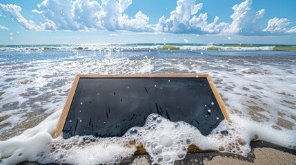 Blank chalkboard enveloped by foamy waves on sunny beach
