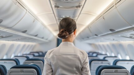 Rear view of woman flight attendant in airplane cabin