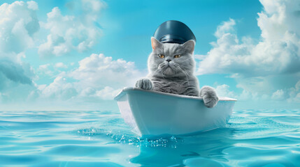 British Blue cat with captain's hat on boat in blue sea
