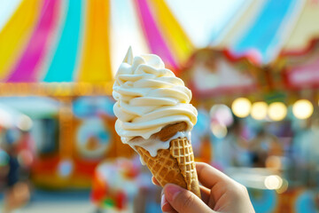 Soft serve vanilla ice cream cone at carnival