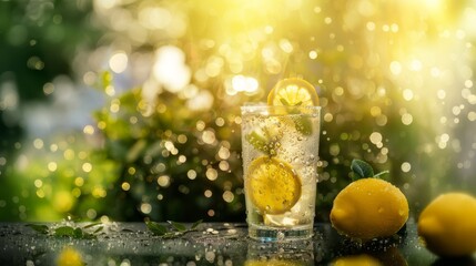 Refreshing lemonade in glass with sunlight bokeh