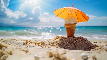 Ice cream cone with orange umbrella on sunny beach
