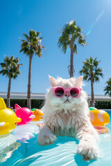 Cool cat with sunglasses on pool float under palm trees