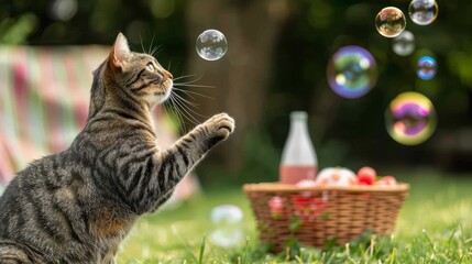 Tabby cat intrigued by floating soap bubbles - obrazy, fototapety, plakaty