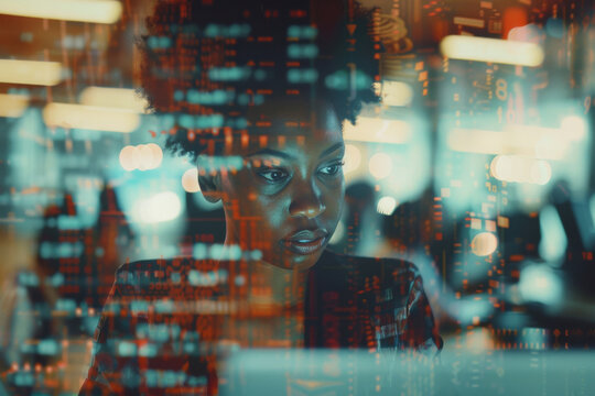 Stock market, crypto and woman with finance overlay in office for money analysis on system. Cybersecurity, it and African female programmer work on technology at night with financial graphic hologram