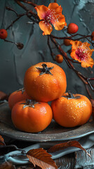 Beautiful presentation of Persimmons, hyperrealistic food photography
