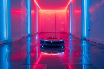 Neon robot vacuum cleaner in interior - 788335111