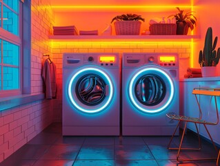 Neon washing machine and dryer in laundry room - 788335138