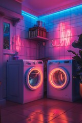 Neon washing machine and dryer in laundry room - 788335175