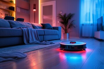 Neon robot vacuum cleaner in interior - 788335176