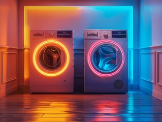 Neon washing machine and dryer in laundry room - 788335183