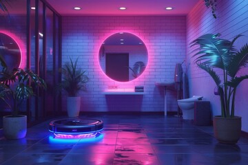 Neon robot vacuum cleaner in interior - 788335198