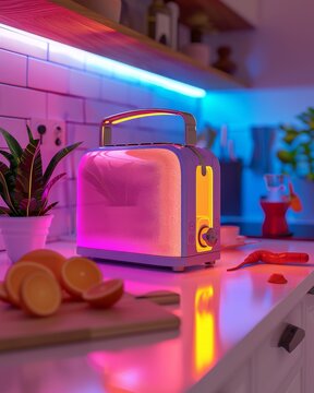 Neon toaster glowing on kitchen countertop