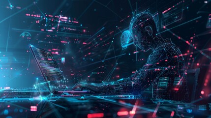 Internet of Things (IoT) idea, digital software development, background in future technology Man utilizing laptop and digital tablet with connectivity to the internet and computer code. Generative AI