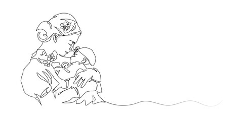 Continuous Line Art of Motherhood, Baby flowers, Happy Mother day card, one line drawing, parent and child silhouette hand drawn. Vector illustration